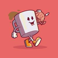 Coffee cup character with a brain character vector illustration. Funny, motivational, drink design concept.