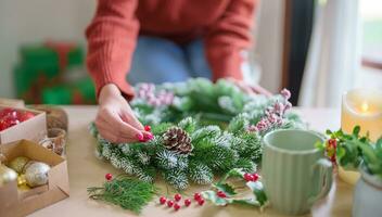 Woman making mistletoe wreath Christmas wreath decoration with hand made DIY winter greenery florist hands making Christmas wreath beautiful mistletoe. photo