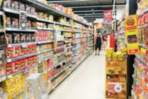 Abstract blurred supermarket aisle with colorful shelves in shopping mall interior for background, Blurred background and unrecognizable customers as background. photo