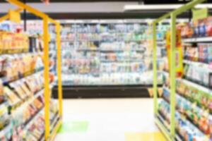 Abstract blurred supermarket aisle with colorful shelves in shopping mall interior for background, Blurred background and unrecognizable customers as background. photo