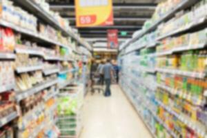 Abstract blurred supermarket aisle with colorful shelves in shopping mall interior for background, Blurred background and unrecognizable customers as background. photo