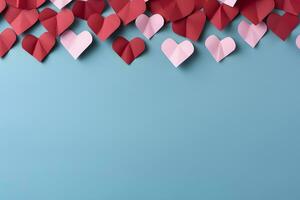 Origami hearts on a blue Background. Valentine's day. Ai generative photo