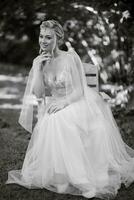 portrait of a happy bride in a light light dress in  wearing elven accessories photo