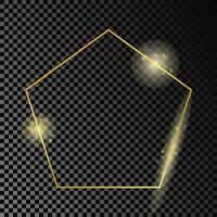 Gold glowing pentagon shape frame isolated on dark background. Shiny frame with glowing effects. Vector illustration.