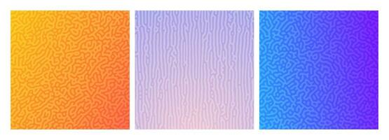 Set of three colorful turing reaction gradient backgrounds. Abstract diffusion pattern with chaotic shapes. Vector illustration.