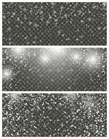 Snowfall and falling snowflakes on background. Set of three backdrops. White snowflakes and Christmas snow. Vector illustration