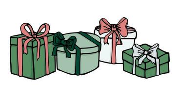 Gifts and presents for holiday and Christmas celebration. Isolated birthday or anniversary box with wrapping paper and ribbon bow. Vector in flat doodle style. Set of different boxes.