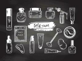 A set of hand-drawn doodle sketches of cosmetics, beauty, self-care elements on chalkboard background.  Illustration for beauty salon, cosmetic store, makeup design. Engraved image. vector