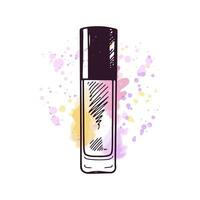Hand-drawn bottle of cream with dispenser, beauty cosmetic element, self care. Illustration on a watercolor pastel background with splashes of paint. Useful for beauty salon, makeup. Doodle sketch. vector