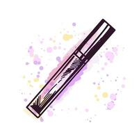 Hand-drawn lip gloss, liquid lipstick or eye shadow, beauty element, self care. Illustration on a watercolor pastel background with splashes of paint. Useful for beauty salon, cosmetic store. vector