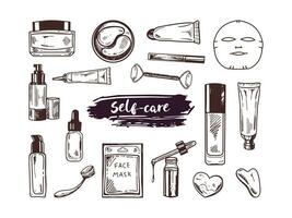 A set of hand-drawn doodle sketches of cosmetics, beauty, self-care elements.  Illustration for beauty salon, cosmetic store, makeup design. Engraved image. vector