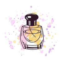 Hand-drawn perfume bottle, beauty cosmetic element, self care. Illustration on a watercolor pastel background with splashes of paint. Useful for beauty salon, cosmetic store. Doodle sketch. vector