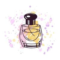 dibujado a mano perfume botella, belleza cosmético elemento, yo cuidado. ilustración en un acuarela pastel antecedentes con salpicaduras de pintar. útil para belleza salón, cosmético almacenar. garabatear bosquejo. vector