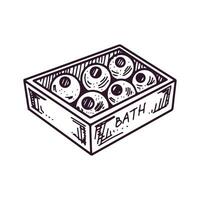 Hand-drawn box with round bathroom bombs, beauty cosmetic element, self care. Illustration for beauty salon, cosmetic store, makeup design. Doodle sketch style. vector