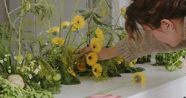 blomsterhandlare gör en blommig oas. flicka arbetssätt i blomma affär studio. kvinna blomsterhandlare konstnär rengör blommor för en skön bukett, arbetsplats se. video