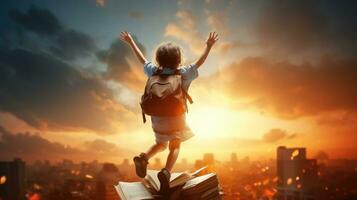 Happy smiling little boy sit on book of sunset sky , The development of the imagination of elementary school kids photo