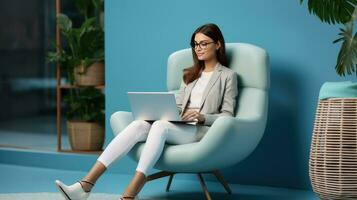 Business woman sit on chair use device netbook online communicate photo