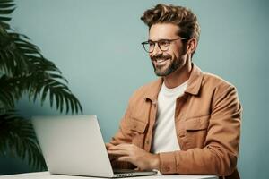 Business man using laptop online communicate photo