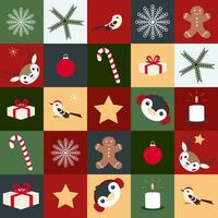 Christmas and New Year Holiday quilt vector seamless background, patchwork pattern with abstract geometric, simple shapes, penguin, deer, celebration symbol, holiday food.