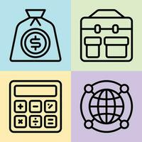 money bag dollar briefcase calculator and globe  vector line icon, suitable for business office work use.