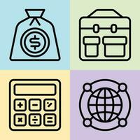 dinero bolso dólar maletín calculadora y globo vector línea icono, adecuado para negocio oficina trabajo usar.