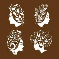 four women's heads with leaves and flowers, Beauty Girl Women logo design collection with leaf like heer vector