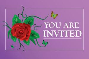 Invitation . Floral style business card design template with rose and glitter butterflies. Invitation design on pink background. Vector illustration.