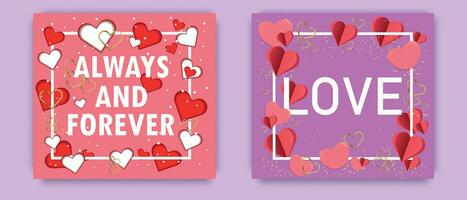 Set of Valentine Day concept posters. Red paper hearts, pink and gold with a frame on a geometric background.Vector illustration. vector