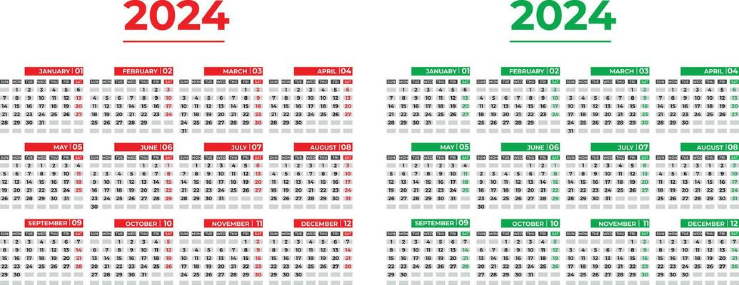 Calendar 2024 week starts Sunday corporate calendar design planner template. with 2 color variations.