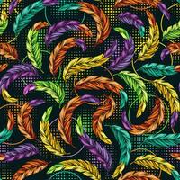 Seamless pattern with wavy bent feathers with colorful tips. vector