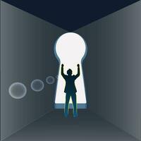 businessman at the edge of an open keyhole. Way to success design concept vector illustration