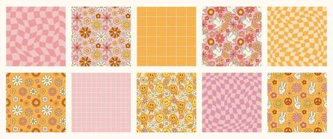 Retro psychedelic set 60s 70s vector seamless patterns, groovy hippie style background. Cartoon print with flowers, checkerboard