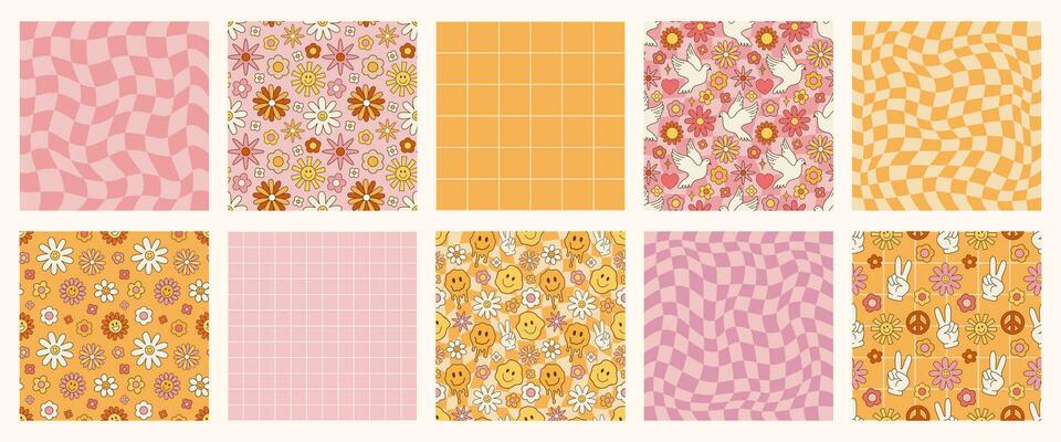 Retro psychedelic set 60s 70s vector seamless patterns, groovy hippie style background. Cartoon print with flowers, checkerboard