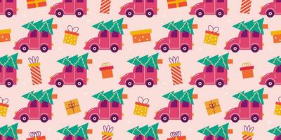 Car with Christmas tree, gifts and snowflakes. Vector seamless pattern, festive background