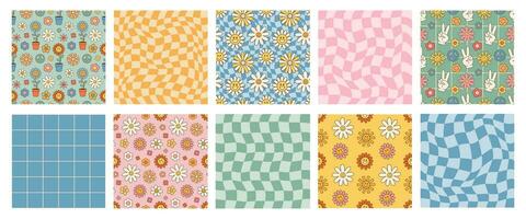 Retro psychedelic set 60s 70s vector seamless patterns, groovy hippie style background. Cartoon print with flowers, checkerboard