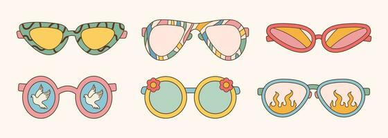 Gafas de sol conjunto en retro maravilloso hippie estilo. diferente formularios vector ilustración 60s 70s