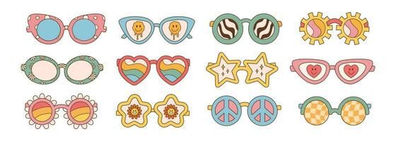 Gafas de sol grande conjunto en retro maravilloso hippie estilo. diferente formularios vector ilustración 60s 70s