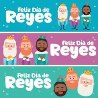 3 different banners. Happy epiphany written in spanish in three different colors.. Three funny wise men. Kings of orient on blue background. vector