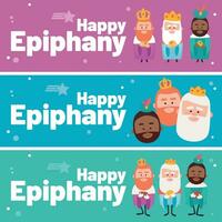 3 different banners. Happy epiphany in three different colors. Three funny wise men. Kings of orient on blue background. vector