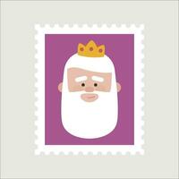 King Melchor purple postage stamp. Christmas ornament isolated vectorized. Magi, wise man vector