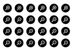 Zoom button icon vector set collection. Magnifying glass sign symbol in black circle