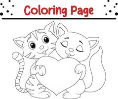 happy cat couple holding heart coloring page Vector illustration