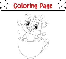 dibujos animados linda gatito sentado taza con corazones colorante página para niños vector