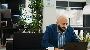 Worker preparing for executive board meeting, presenting new development plan with annual statistics report. Entrepreneur searching for business solutions, gathering information. photo