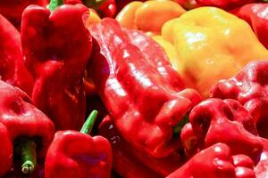 a close up of many red and yellow peppers photo