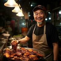 A image of Asian senior man selling grilled chicken at street food market in Bangkok, Thailand Generative AI photo