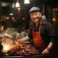 A closeup of Asian senior man selling grilled chicken at street food market in Bangkok, Thailand Generative AI photo