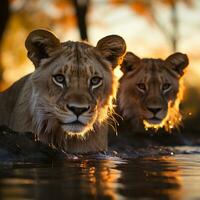 A closeup of Lion cubs at sunset in Kruger National Park, South Africa Specie Panthera leo family of Felidae. Generative AI photo