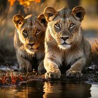 A image of Lion cubs at sunset in Kruger National Park, South Africa Specie Panthera leo family of Felidae. Generative AI photo