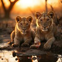 A image of Lion couple at sunrise in Kruger National Park, South Africa Specie Panthera leo family of Felidae Generative AI photo